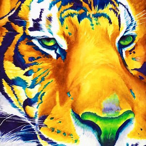 May include: Close-up of a tiger's face with bright yellow, orange, green, and blue fur. The tiger's eyes are green and the nose is pink. The background is a dark purple.
