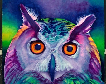 Búho Arte "Hoot #1" - Firmado Giclee Reproducción Impresión Acuarela Pintura Pájaro Obra de Arte Decoración de pared Regalo Sinclair Stratton