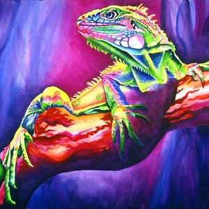 May include: A vibrant watercolor painting of a green iguana with yellow, red, and blue accents. The iguana is perched on a branch with a purple and pink background.