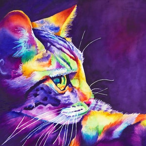 May include: A watercolor painting of a cat with vibrant rainbow colors. The cat's fur is a mix of purple, blue, green, yellow, orange, and red. The cat's eyes are green and the background is a deep purple.