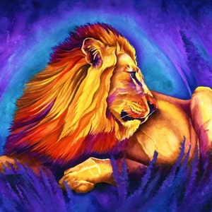 May include: A vibrant watercolor painting of a lion with a fiery orange mane, lying in a field of purple flowers. The lion's eyes are closed, and its expression is peaceful.