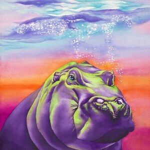 May include: A watercolor painting of a purple and green hippopotamus with a pink and orange background. The hippopotamus is looking up at the viewer with its mouth closed. There are bubbles coming up from the water above the hippopotamus.
