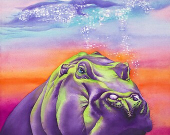 Hippo Art "Clementine" - Firmado Giclee Reproducción Impresión Acuarela Pintura Vida Silvestre Hippo Artwork Decoración de pared Regalo Sinclair Stratton