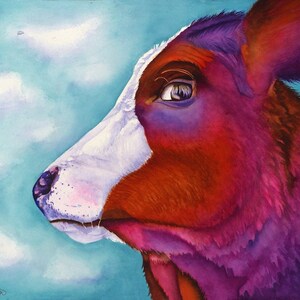 May include: A watercolor painting of a cow's head with a white patch on its face. The cow's eye is visible and the background is a light blue with white clouds.