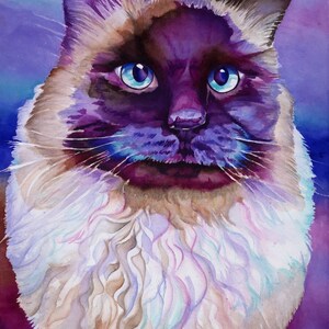 May include: Watercolor painting of a cat with blue eyes. The cat has a purple and brown coat with a white ruff. The background is a gradient of purple, blue, and teal.
