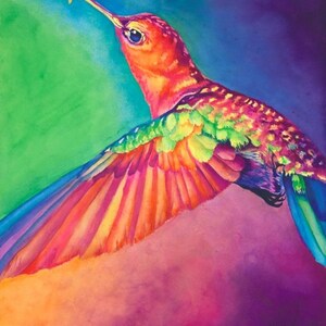 May include: A vibrant watercolor painting of a hummingbird with iridescent green, blue, and red feathers. The bird is in mid-flight with its wings spread wide. The background is a gradient of green, purple, and pink.