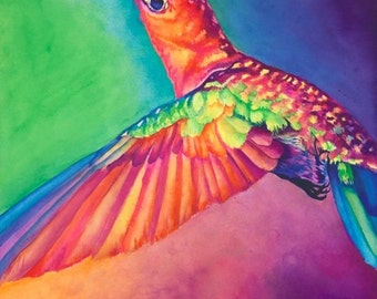 Hummingbird Art "Hum" - Firmado Giclee Reproducción Impresión Acuarela Pintura Pájaro Obra de Arte Decoración de pared Regalo Sinclair Stratton