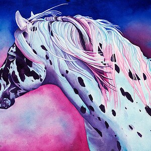 May include: A watercolor painting of a horse with a white and black spotted coat. The horse has a long, flowing mane and tail that is a mix of pink, white, and blue. The background is a gradient of pink and blue.