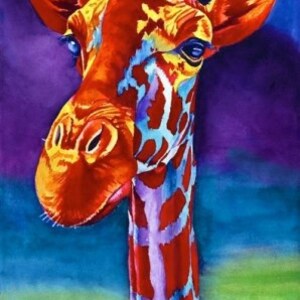 May include: A watercolor painting of a giraffe's head and neck. The giraffe is painted in shades of red, orange, yellow, blue, and purple. The background is a gradient of purple, blue, and green.