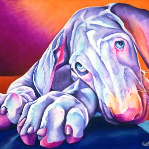 May include: A watercolor painting of a light blue and purple dog with pink paws and nose. The dog is lying down with its head resting on its paws. The background is a vibrant orange and purple.