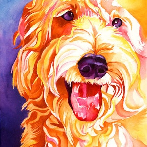 May include: Watercolor painting of a golden doodle dog with a pink tongue sticking out. The dog's fur is painted in shades of yellow, orange, and pink. The background is a gradient of purple and yellow.