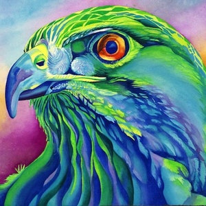 May include: A vibrant painting of a bird's head, showcasing a striking combination of colors. The artwork features a detailed depiction of the bird's eye, beak, and feathers, with a palette of greens, blues, and oranges. The background transitions from purple to orange.