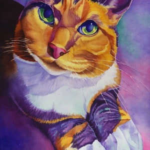 May include: A watercolor painting of a calico cat with green eyes. The cat is lying on its side with its paws in the air. The background is a vibrant purple and pink.