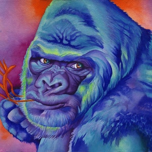 May include: A watercolor painting of a blue gorilla with a green and purple face. The gorilla is looking directly at the viewer with a serious expression. The background is a vibrant purple and orange.