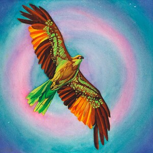 May include: A watercolor painting of a green, brown, and orange hawk flying against a blue and pink sky. The hawk has its wings spread wide and is flying in a circle.
