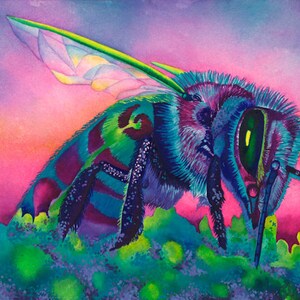 May include: A close-up of a bee with vibrant green, purple, and blue colors, painted in a watercolor style. The bee is perched on a green and purple flower with a pink background.