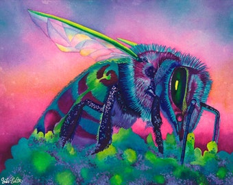 Bee Art "Blue Bee" - Firmado Giclee Reproducción Impresión Acuarela Pintura Vida Silvestre Insecto Obra de Arte Decoración de pared Regalo Sinclair Stratton
