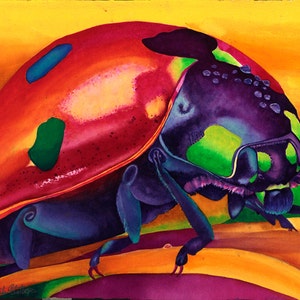 May include: A vibrant, colorful painting of a ladybug with a red and purple shell, green and blue spots, and black legs. The ladybug is perched on a yellow and orange flower.