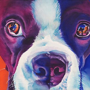 May include: Close-up watercolor painting of a dog's face. The dog has white fur on its nose and chin, with black and purple fur around its eyes. The dog's eyes are brown and the background is a bright orange.