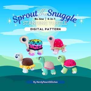 Könnte beinhalten: Ein digitales Schnittmuster für eine 4-in-1 Stehschildkröte ohne Nähen. Das Bild zeigt mehrere gehäkelte Schildkröten mit bunten Panzerungen, darunter Regenbogen-, Erdbeer- und Wassermelonen-Designs. Der Text "Sprout the Snuggle" steht oben.