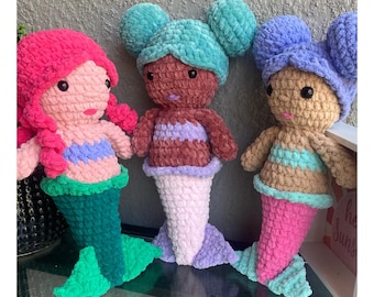 Peluche de sirena de ganchillo, muñeca amigurumi hecha a mano, hilo de chenilla