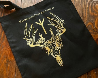 Black Gold Rune Tote Bag | Elhaz Algiz, Gold Skull Print