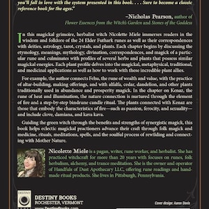 May include: Book cover with a green background and a woman with long dark hair wearing a black shirt and a silver necklace. The title of the book is "Runes for the Green Witch" and the author is Nicolette Miele. The book is about herbalism, witchcraft, and runes.