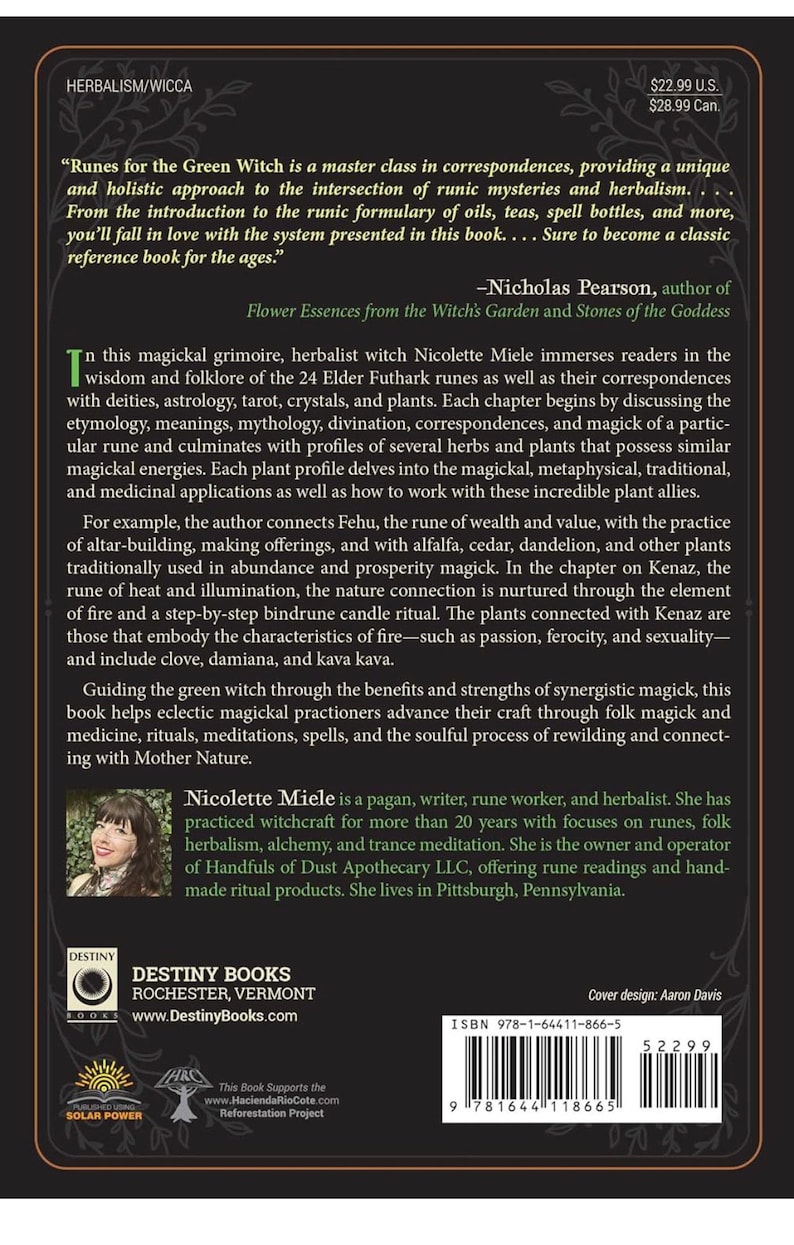 May include: Book cover with a green background and a woman with long dark hair wearing a black shirt and a silver necklace. The title of the book is "Runes for the Green Witch" and the author is Nicolette Miele. The book is about herbalism, witchcraft, and runes.