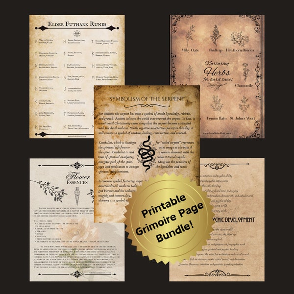 5-Pack Grimoire Pages | Download and Print | Serpent, Runes, Nurturing Herbs, Flower Essences, Ritual Herbs