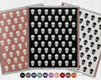 Skull Woven Throw Blanket: Pink Halloween Decor, Goth Home Decor, 100% Cotton