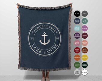 Custom Lake House Woven Blanket: Personalized Blue Nautical Throw, Anchor Decor, Beach House Gift