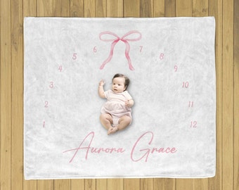 Baby Girl Milestone Blanket Pink Customized with name, cute bow Custom Month Tracker, monthly growth blanket Photo Prop, Baby Shower Gift