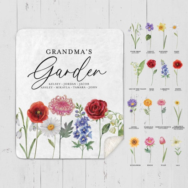 Omas Garten personalisierte Decke Geschenke für Oma, Mama Geburt Blume Decke mit Namen der Enkelkinder, individuelles Andenken Geschenk von Kindern