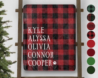 Custom Christmas Blanket with Names, Holiday home décor, Personalized Family throw for blanket ladder, buffalo plaid, Christmas gift for mom