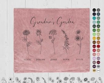 Personalisierte Omas Gartendecke: Benutzerdefinierter Geburtsmonat Blumenwurf mit den Namen der Enkelkinder, Geburtstagsgeschenk für Mama, Nana