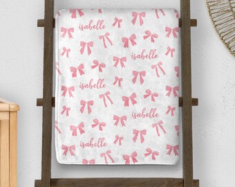 Pink Bow Baby Blanket: Custom Girl Throw with Name for Kids, Shower Gift, Personalized Nursery or Bedroom Decor for Little Girls