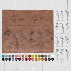 Grandmas Garden Personalized Blanket Gift for Grandma, birth month flower throw with grandkids names, custom mom birthday gifts from kids