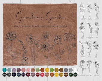 Grandmas Garden Personalized Blanket Gift for Grandma, birth month flower throw with grandkids names, custom mom birthday gifts from kids