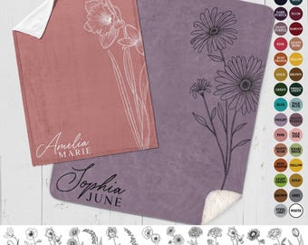 Custom Birth Flower Baby Blanket with Personalized Name: Kids Custom Floral Throw, Birthday Gift for Girl