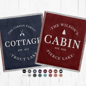 Cottage Cabin Decor Woven Blanket Custom Rustic Personalized family name Throw blanket gift for lodge lake house cottage housewarming gift