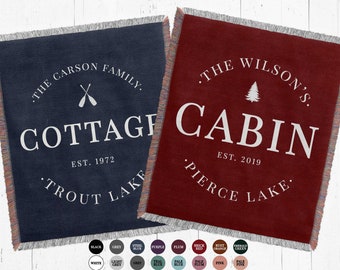 Custom Cabin Woven Blanket: Personalized Cottage Decor, Family Name Throw, Lake House Housewarming Gift