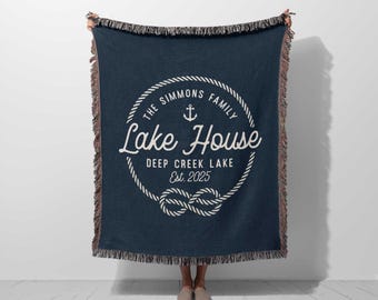 Custom Lake House Blanket: Woven Throw, 100% Cotton Personalized Family Beach House, Nautical Decor