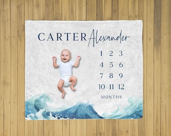 Ocean Milestone Blanket Baby Boy Personalized with Name Month Tracker, Blue Waves monthly age growth blanket, Photo Prop Custom Shower Gift