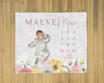 Baby Girl Monthly Milestone Blanket: Custom Pink Pastel Floral Photo Prop, Month Tracker with Personalized Name