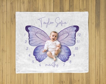 Butterfly Milestone Blanket Baby Girl Personalized with name, Custom Month Tracker, monthly growth blanket Photo Prop, Baby Girl Shower Gift