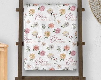 Custom Floral Baby Blanket with Name: Flower Throw for Girl, Personalized Baby Shower Gift, Toddler or Kids, Nursery Bedroom Decor