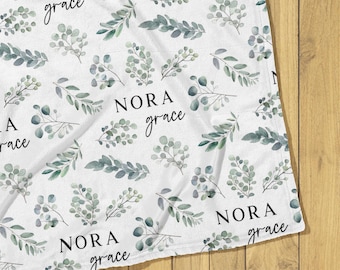 Custom Baby Name Blanket: Eucalyptus Leaves Personalized Throw, Baby Girl or Boy, Toddler or Kids, Neutral Nursery Decor, Baby Shower Gift