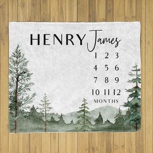 Forest Milestone Blanket Baby Boy Personalized Month Tracker, monthly age growth blanket with Name, Baby Photo Prop Custom Baby Shower Gift
