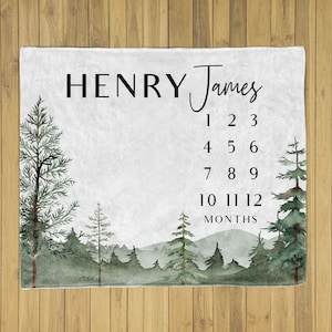 Forest Milestone Blanket Baby Boy Personalized Month Tracker, monthly age growth blanket with Name, Baby Photo Prop Custom Baby Shower Gift