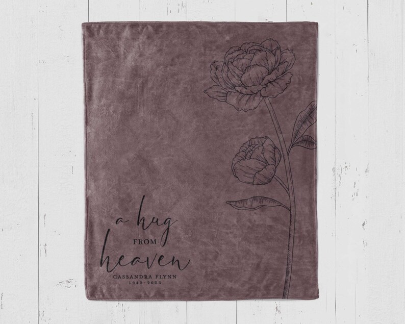 Custom memorial bereavement throw blanket personalized with name and birth flower. Gift for loss of mother, father, grandfather, grandmother or friend.